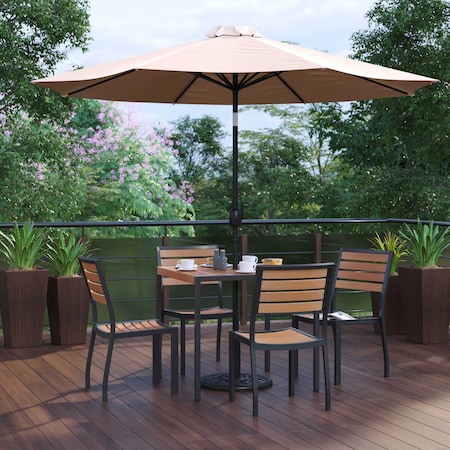 Flash Furniture Faux Teak 35" Table-Tan Umbrella-Base-4 Chairs XU-DG-810060364-UB19BTN-GG